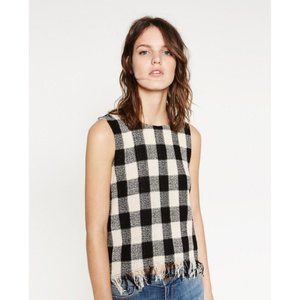 Zara Textured Gingham Raw Hem Sleeveless Top S